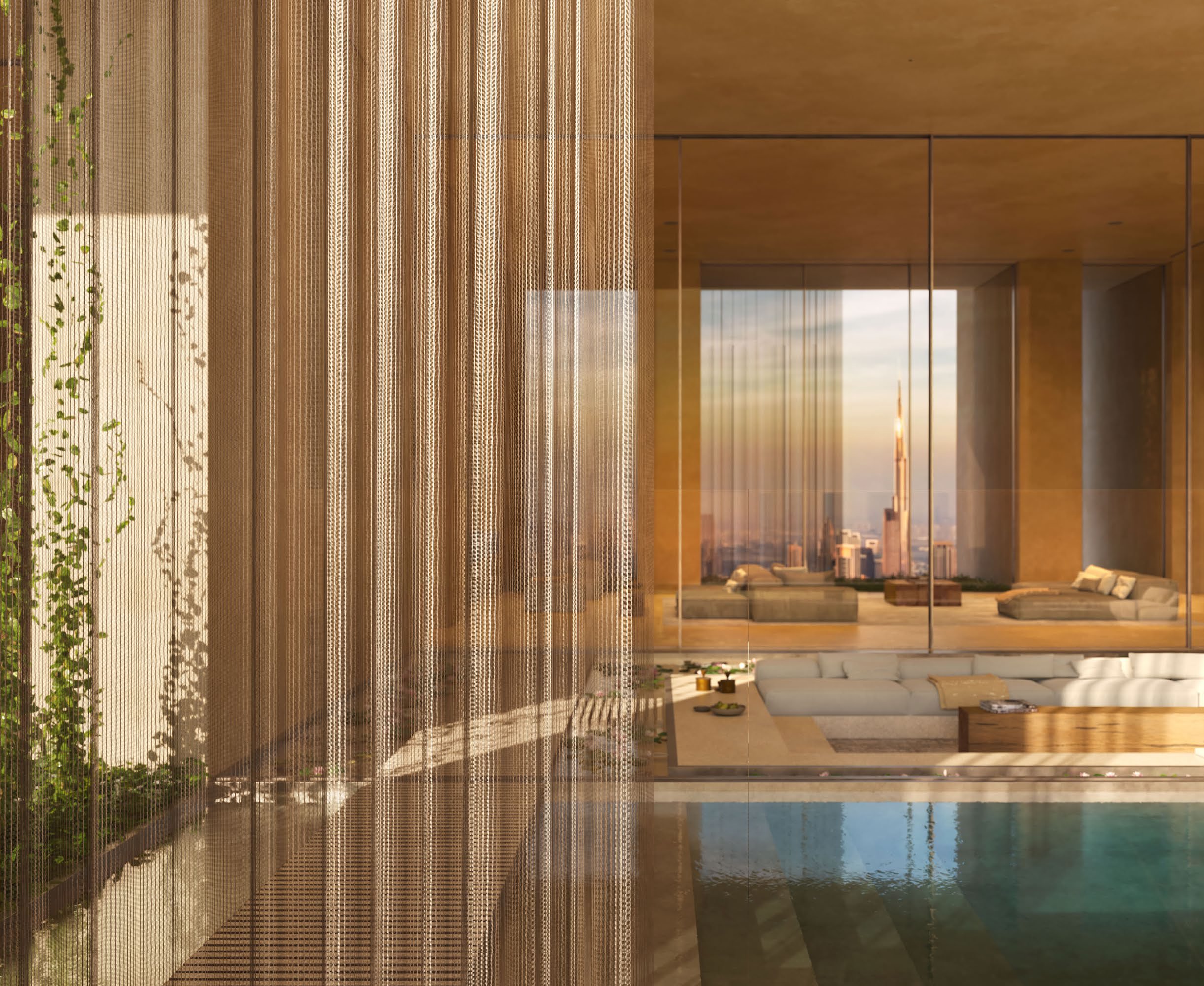 Living room behind a shimmering screen, private pool, Burj Khalifa in the distance
