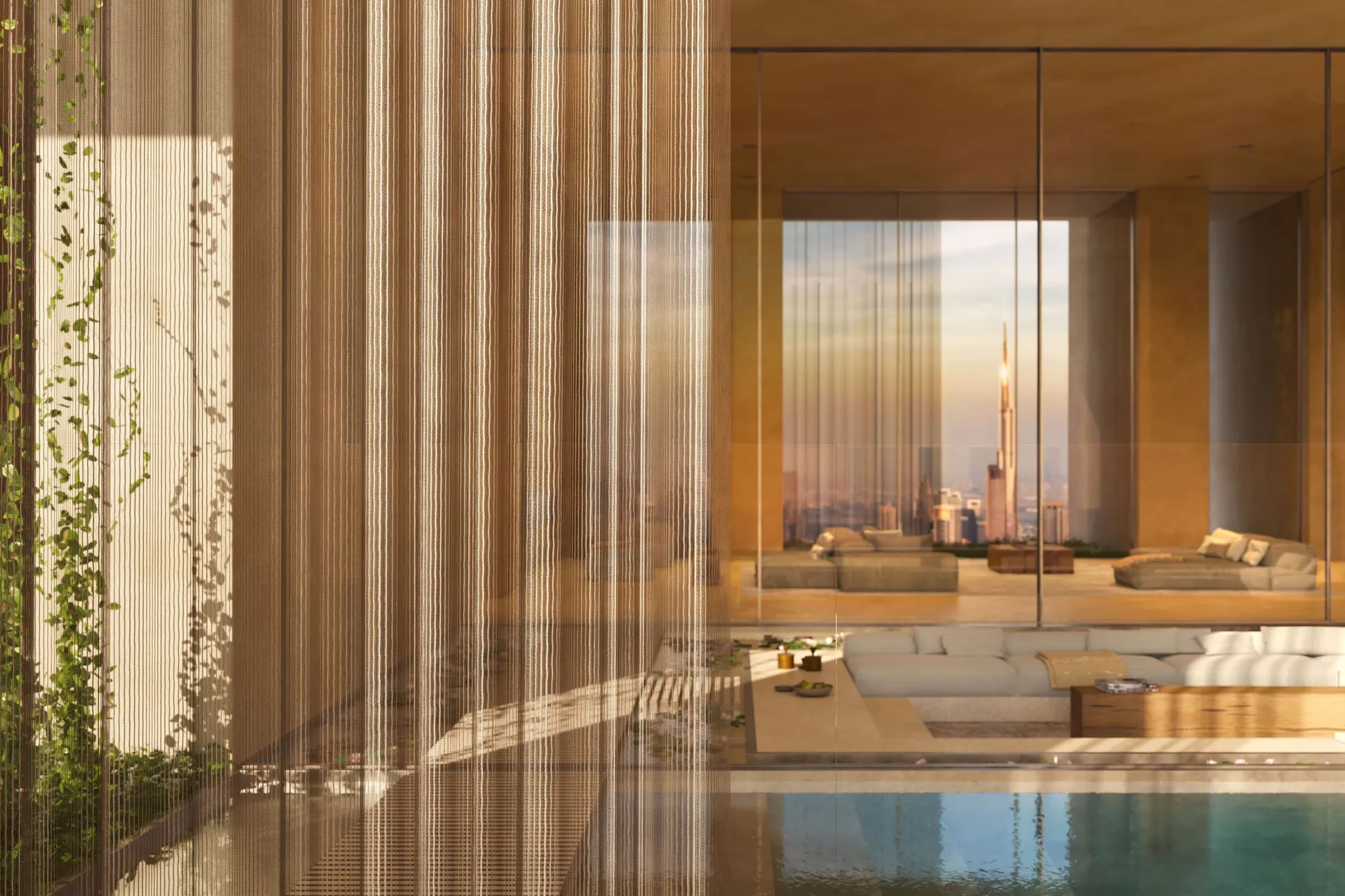 Living room behind a shimmering screen, private pool, Burj Khalifa in the distance