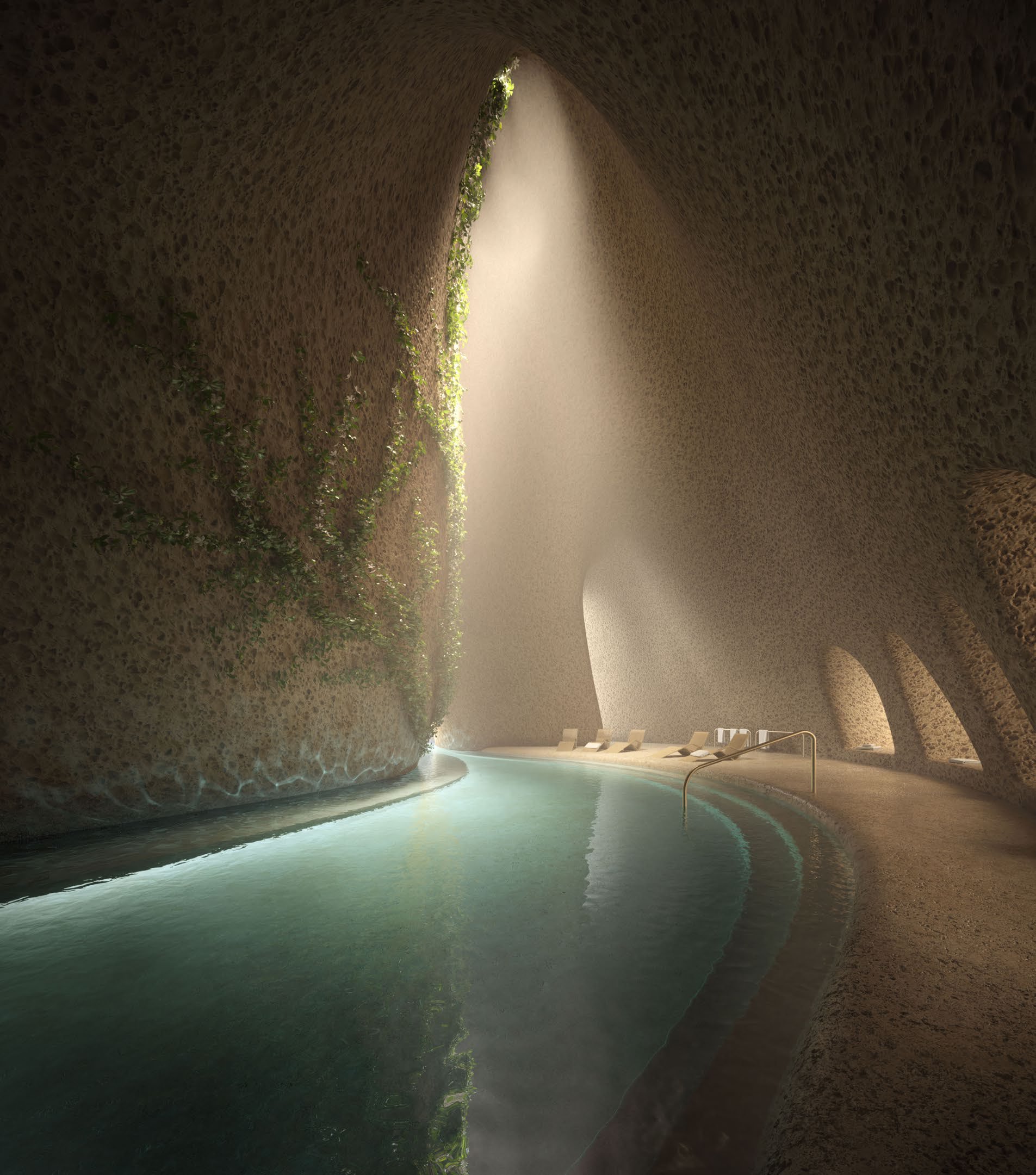 Cave-like underground pool lit by a shaft of daylight, vines on stone walls