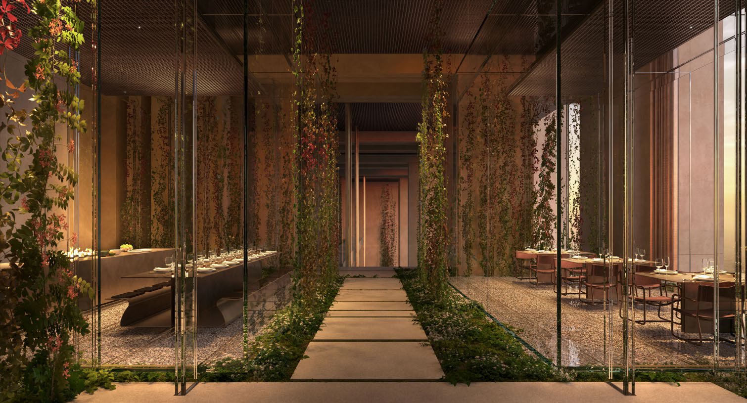 Glass dining rooms either side of a planted stone path