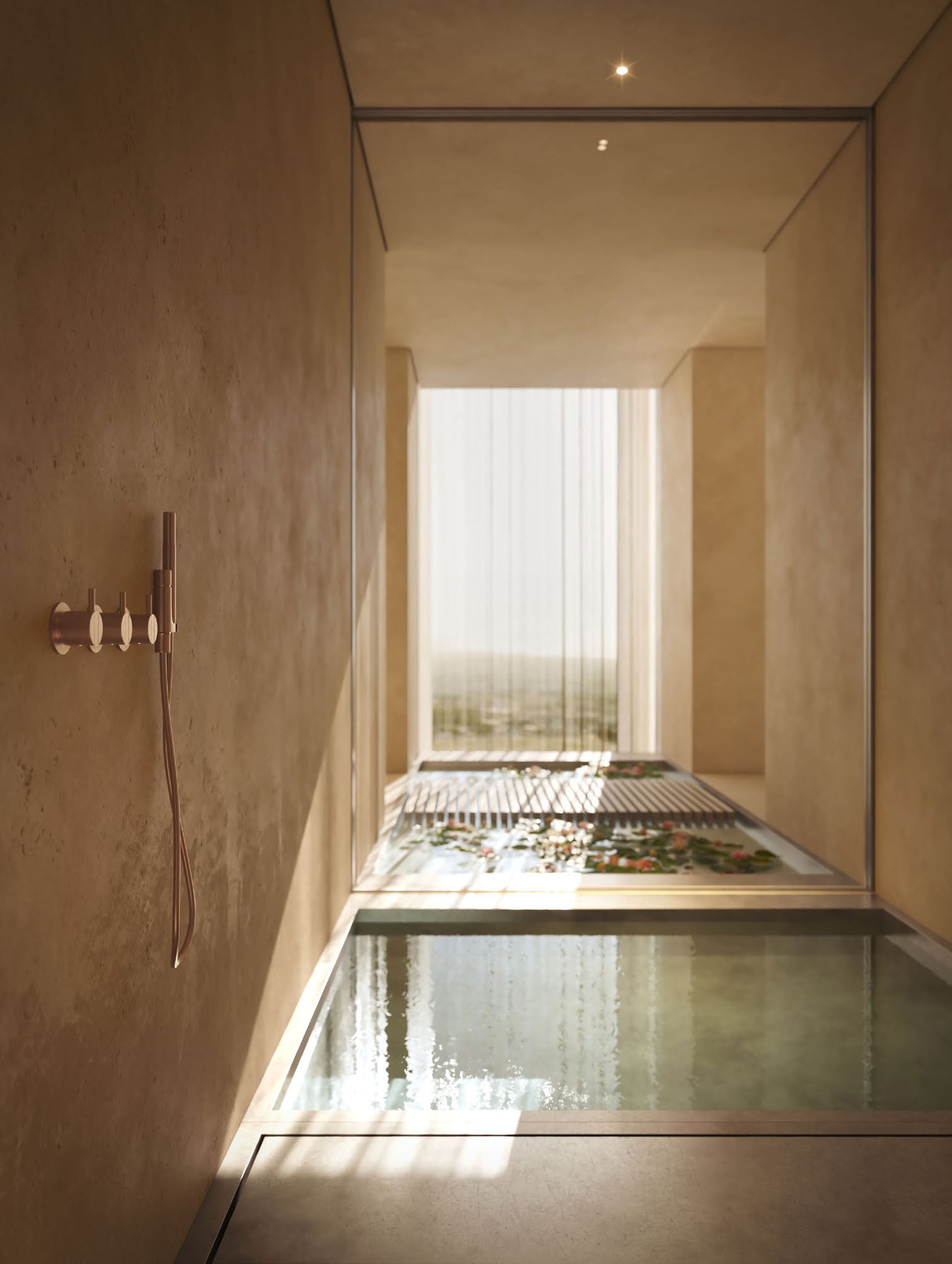 Stone bathroom with plunge bath and tall window over a lily pond